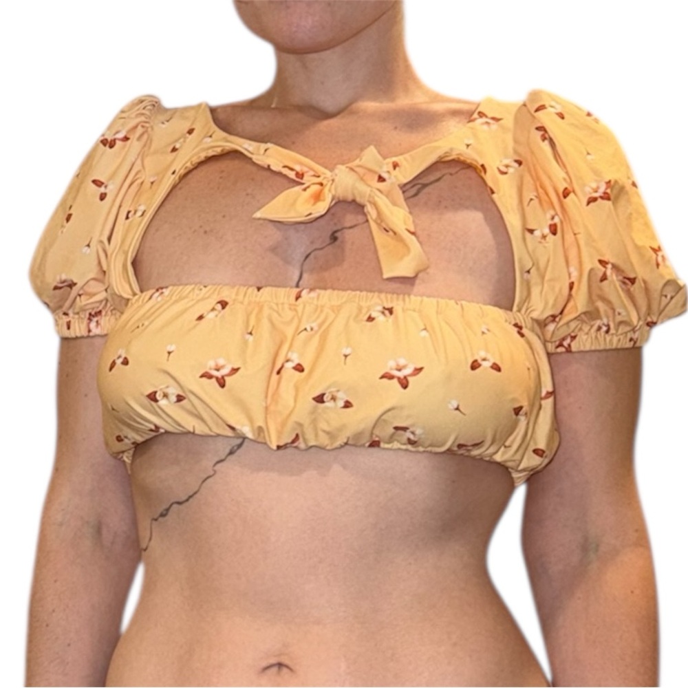 Yellow Floral Cutout Puff Sleeve Bikini Top